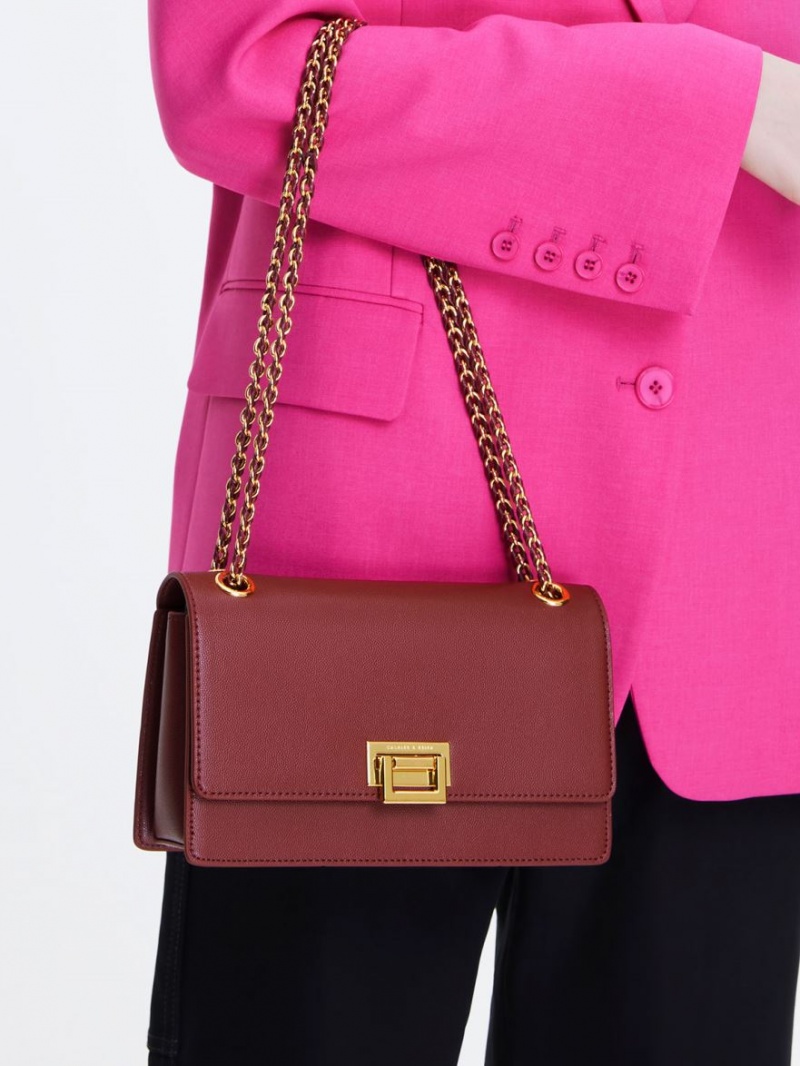 τσάντεσ ώμου Charles And Keith Metallic Accent Front Flap μπορντο | 15304-FACE