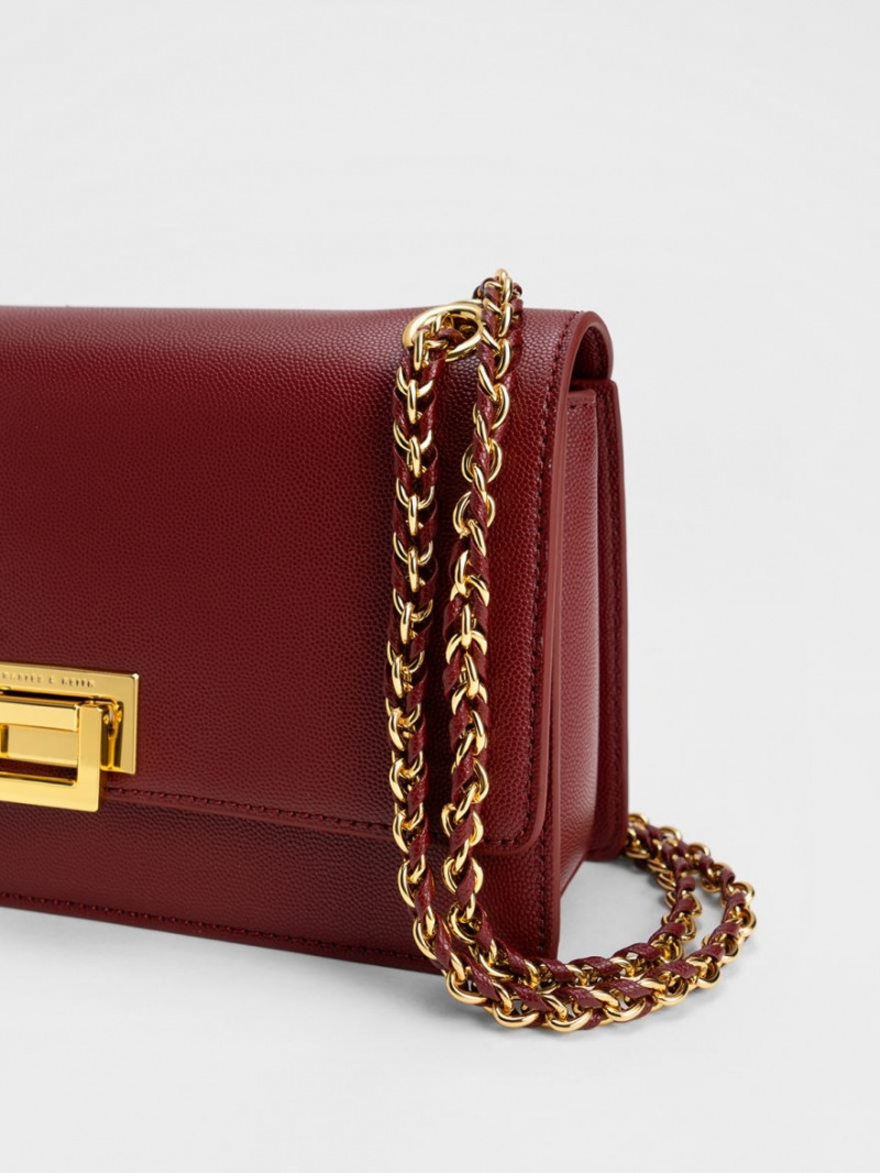 τσάντεσ ώμου Charles And Keith Metallic Accent Front Flap μπορντο | 15304-FACE