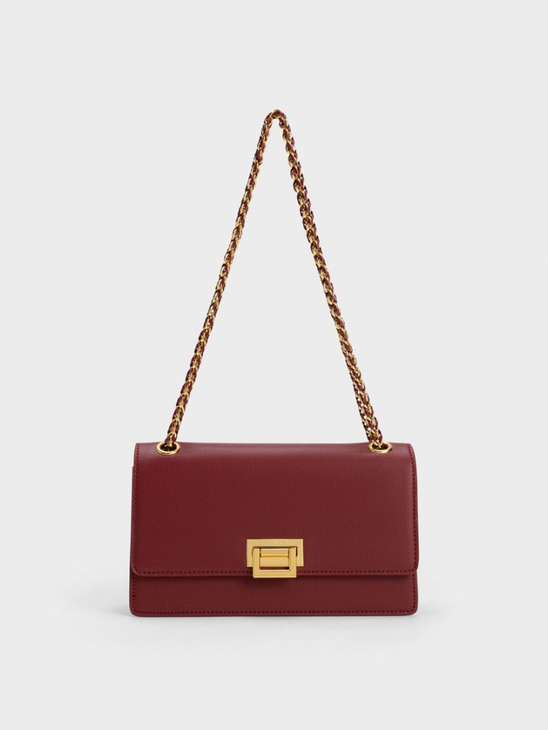 τσάντεσ ώμου Charles And Keith Metallic Accent Front Flap μπορντο | 15304-FACE