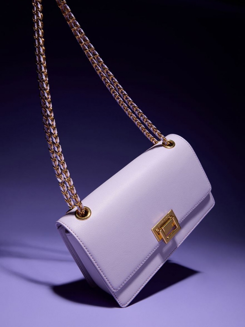 τσάντεσ ώμου Charles And Keith Metallic Accent Front Flap μωβ | 38452-JSNP