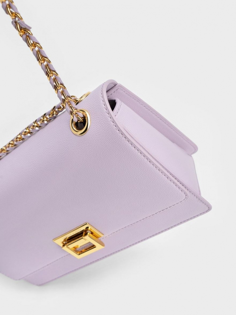 τσάντεσ ώμου Charles And Keith Metallic Accent Front Flap μωβ | 38452-JSNP