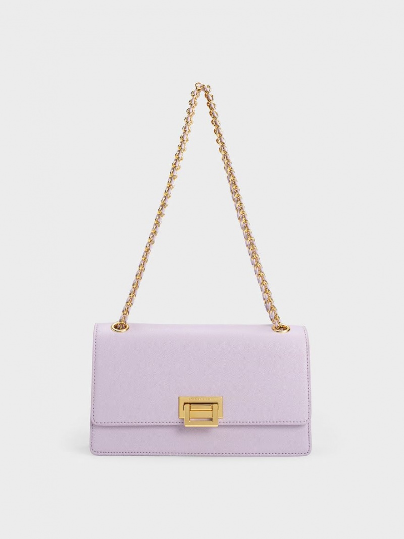 τσάντεσ ώμου Charles And Keith Metallic Accent Front Flap μωβ | 38452-JSNP