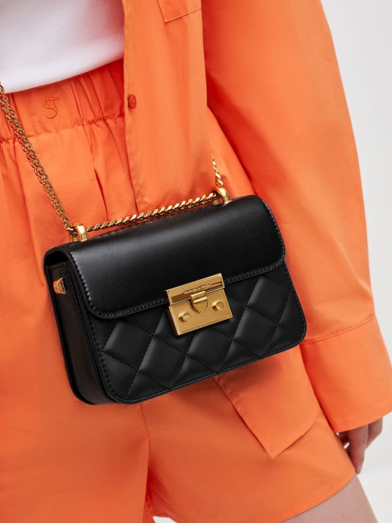 τσάντεσ χιαστί Charles And Keith Metallic Push-Lock Chain μαυρα | 30452-HQTZ