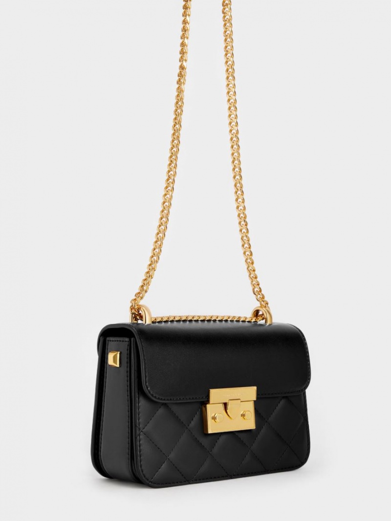 τσάντεσ χιαστί Charles And Keith Metallic Push-Lock Chain μαυρα | 30452-HQTZ