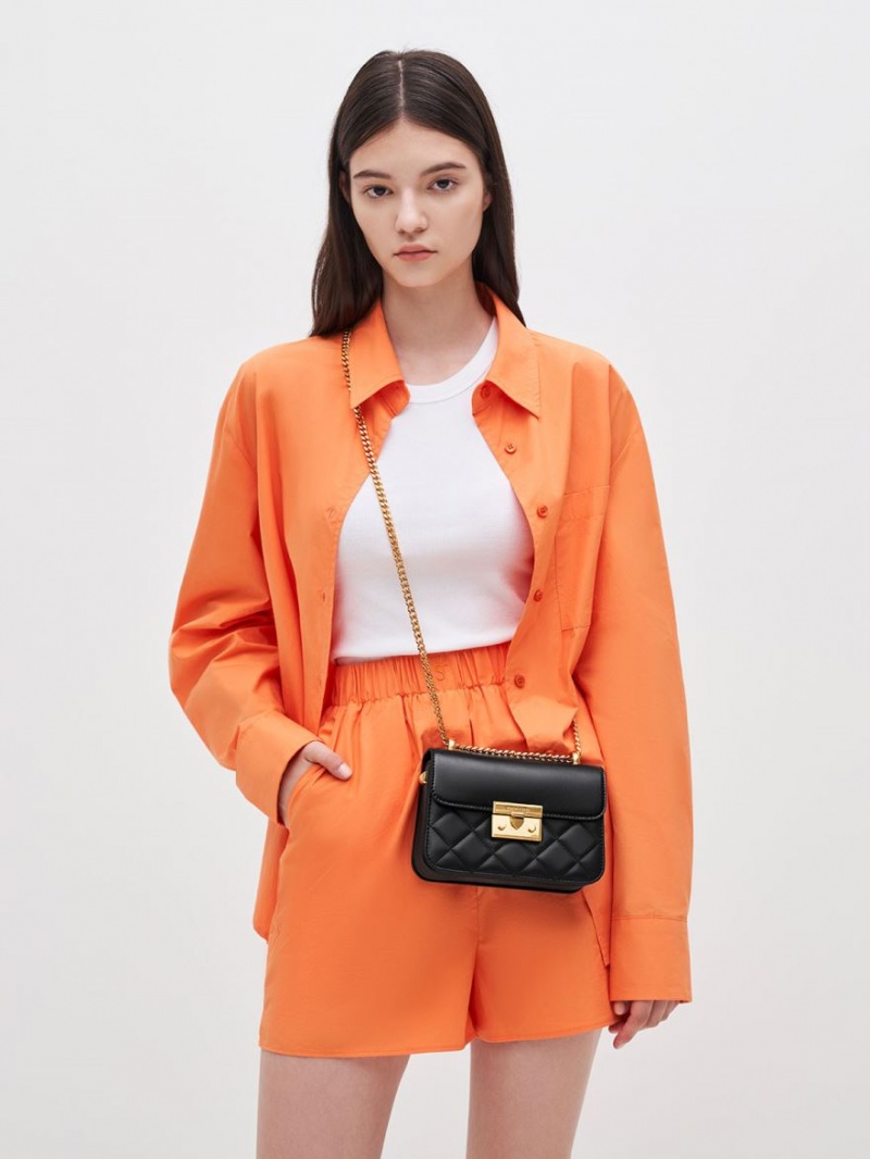 τσάντεσ χιαστί Charles And Keith Metallic Push-Lock Chain μαυρα | 30452-HQTZ