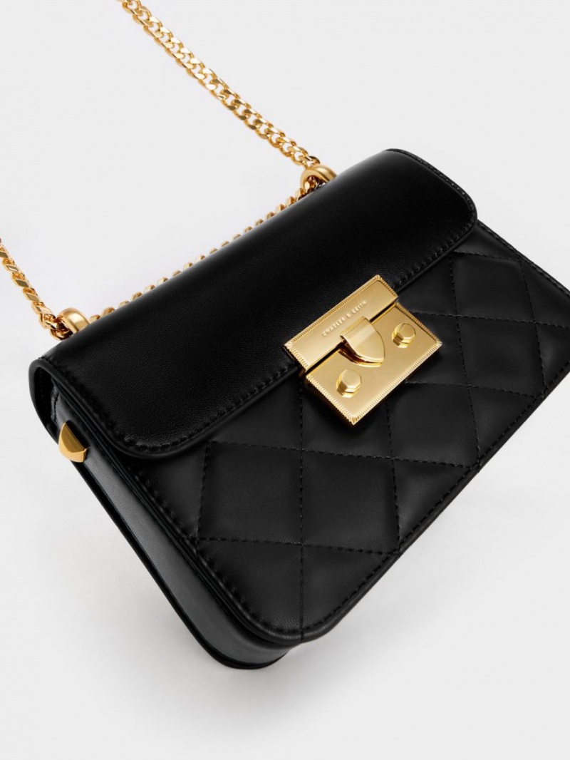 τσάντεσ χιαστί Charles And Keith Metallic Push-Lock Chain μαυρα | 30452-HQTZ