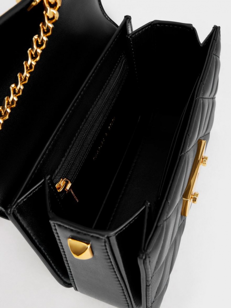 τσάντεσ χιαστί Charles And Keith Metallic Push-Lock Chain μαυρα | 30452-HQTZ