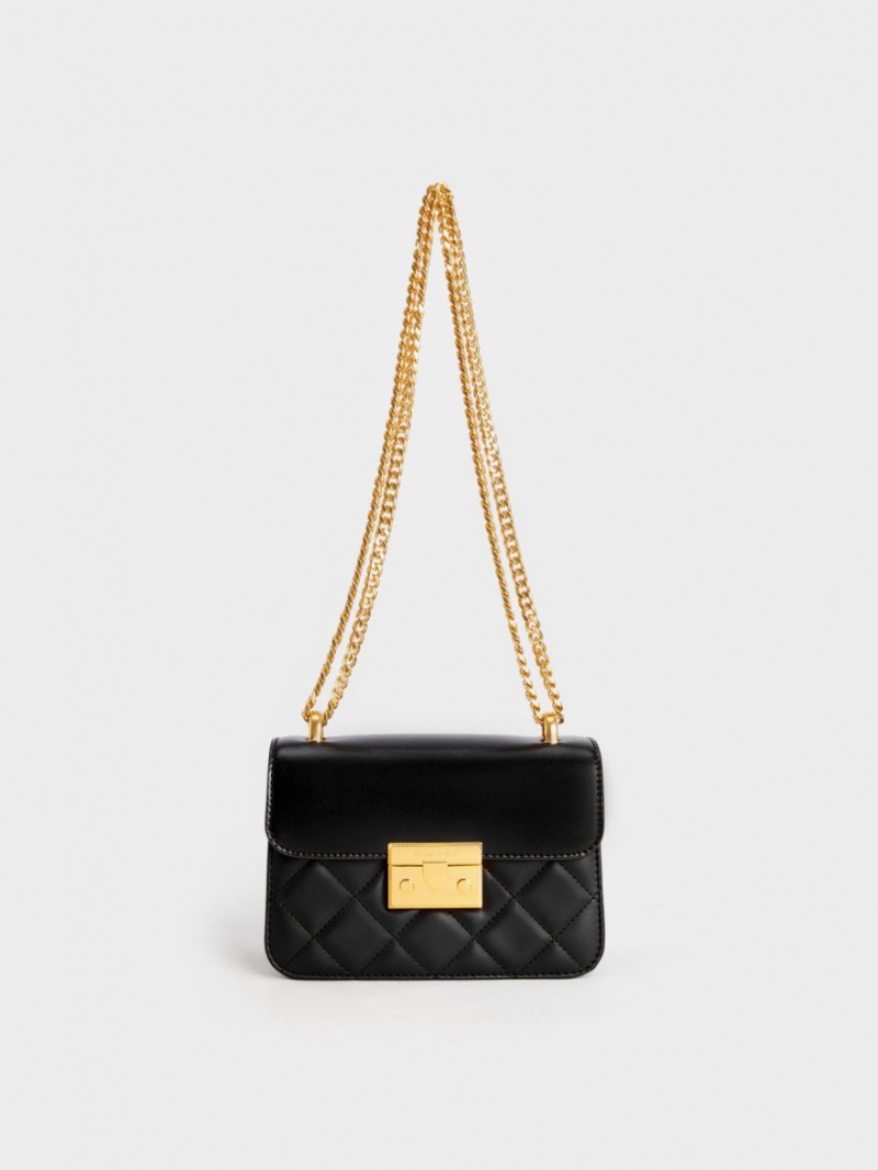 τσάντεσ χιαστί Charles And Keith Metallic Push-Lock Chain μαυρα | 30452-HQTZ