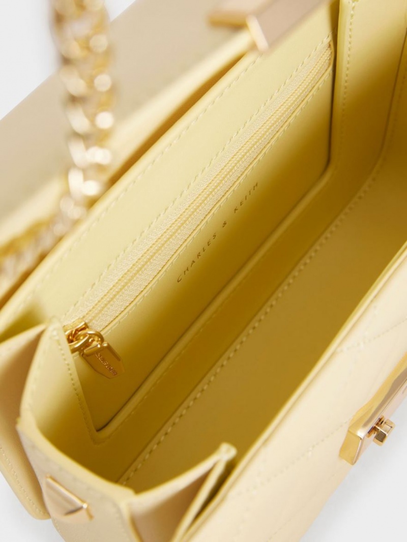 τσάντεσ χιαστί Charles And Keith Metallic Push-Lock Chain κίτρινα | 07498-VIGT