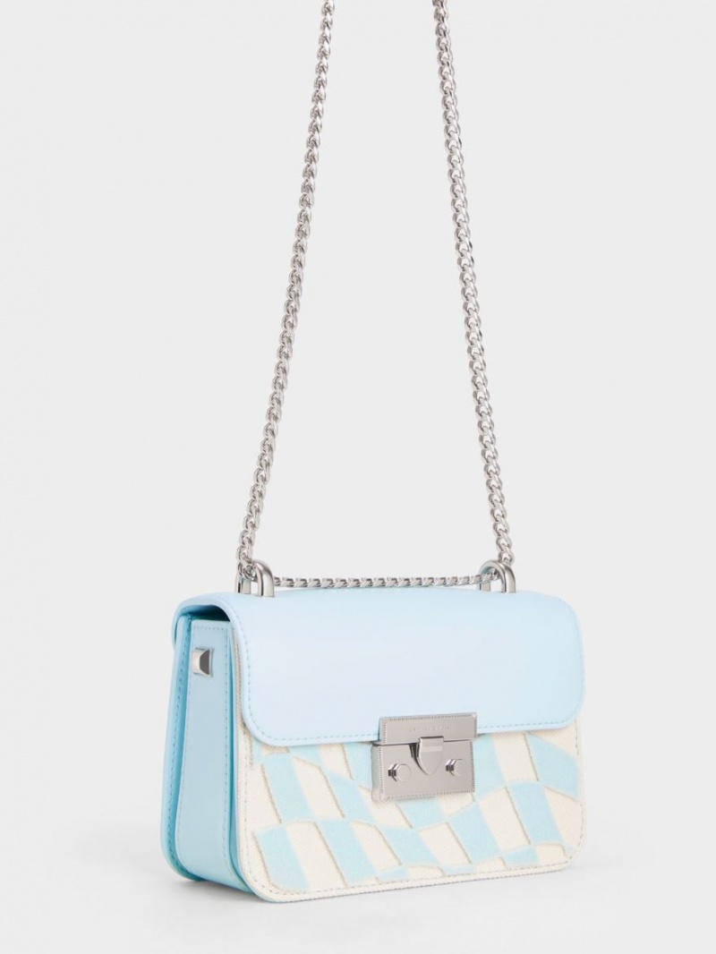 τσάντεσ χιαστί Charles And Keith Metallic Push-Lock Checkered Chain ανοιχτο μπλε | 35948-NGUL