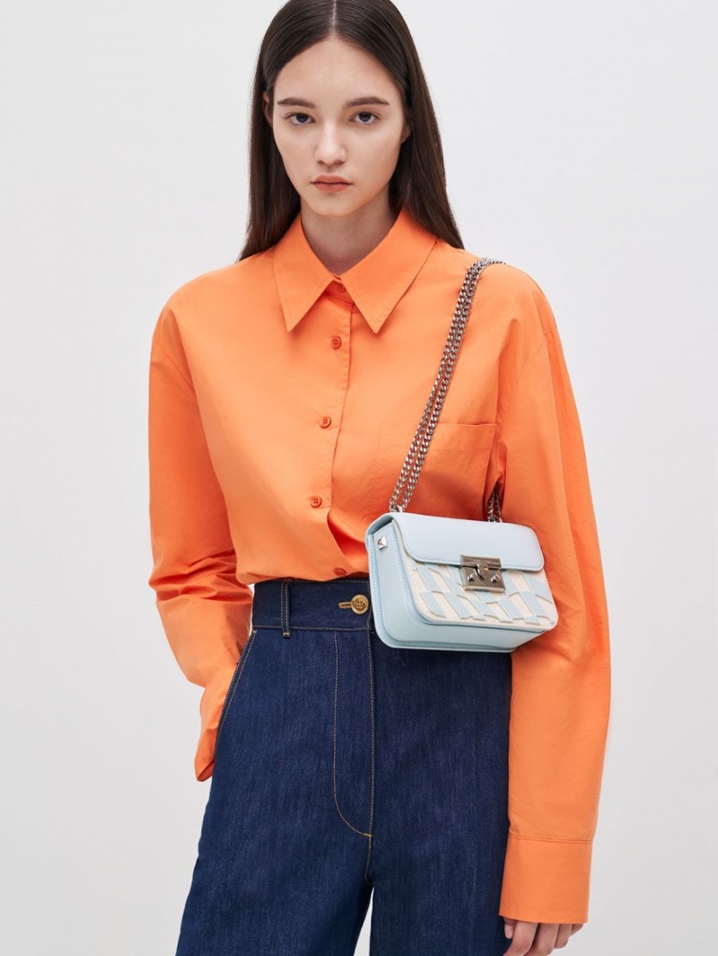 τσάντεσ χιαστί Charles And Keith Metallic Push-Lock Checkered Chain ανοιχτο μπλε | 35948-NGUL