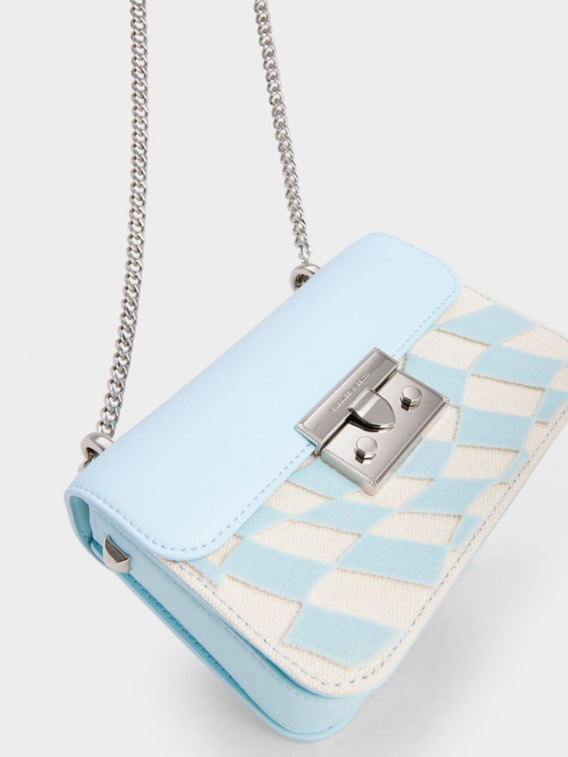 τσάντεσ χιαστί Charles And Keith Metallic Push-Lock Checkered Chain ανοιχτο μπλε | 35948-NGUL