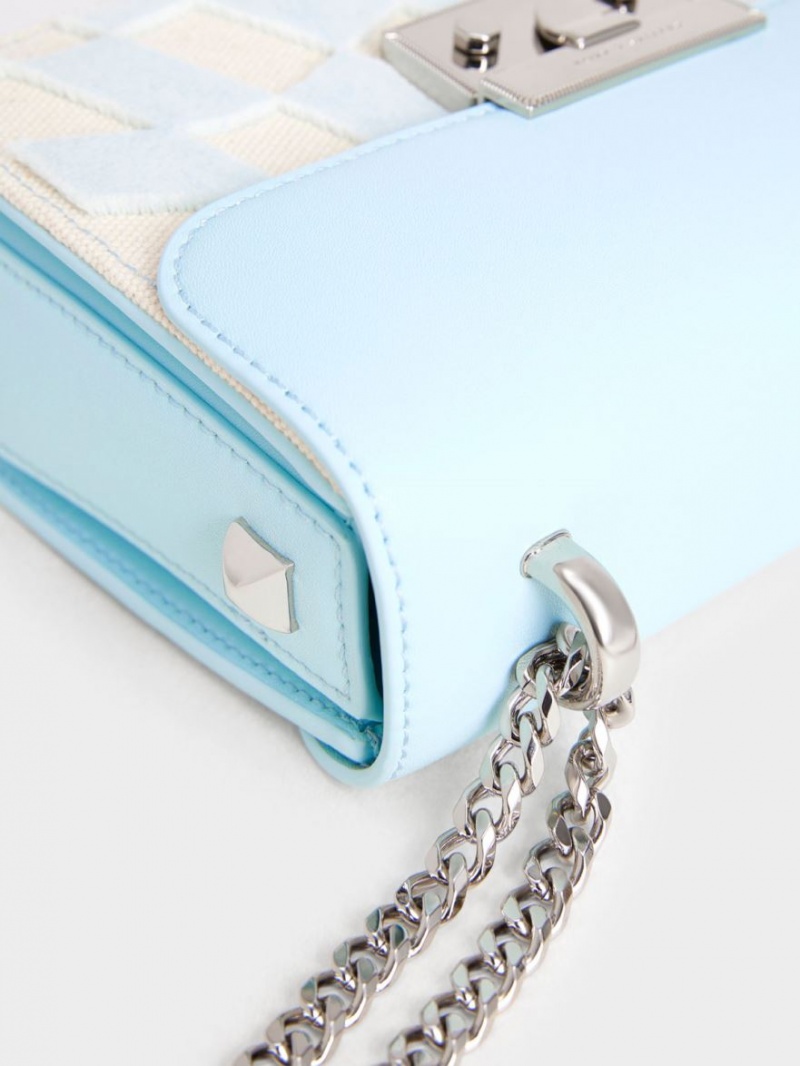 τσάντεσ χιαστί Charles And Keith Metallic Push-Lock Checkered Chain ανοιχτο μπλε | 35948-NGUL