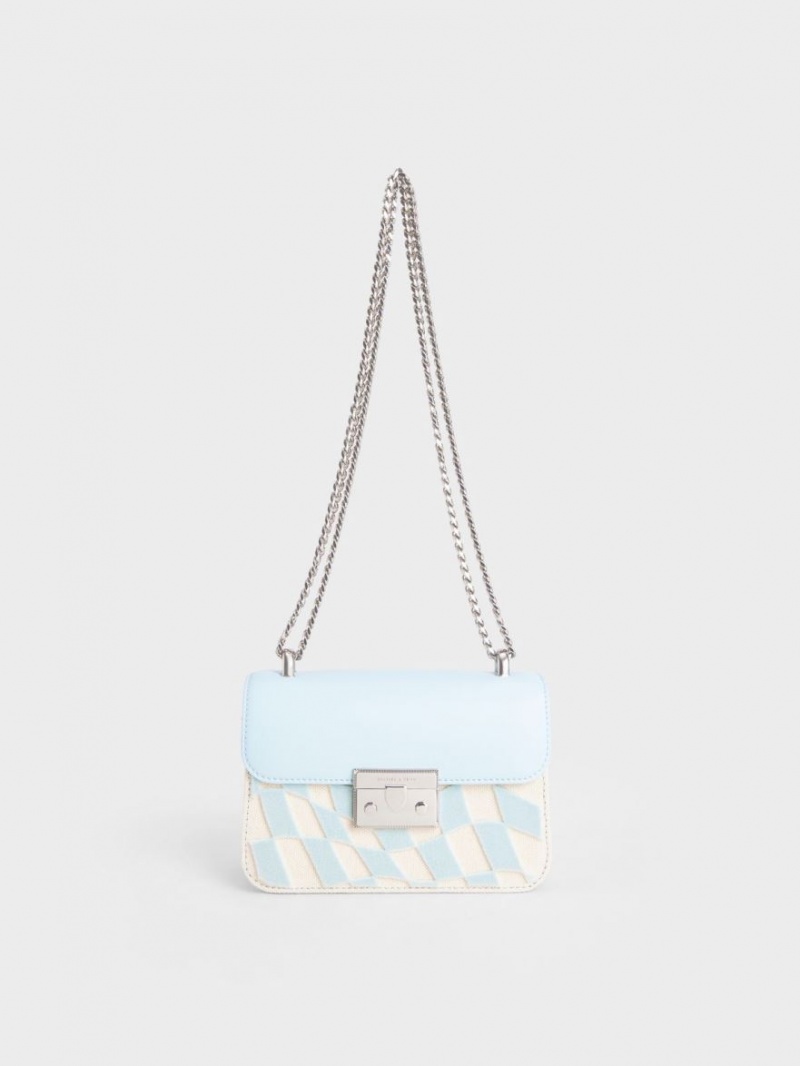 τσάντεσ χιαστί Charles And Keith Metallic Push-Lock Checkered Chain ανοιχτο μπλε | 35948-NGUL