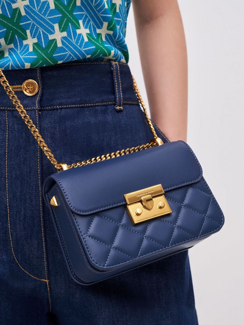 τσάντεσ ώμου Charles And Keith Metallic Push-Lock Chain σκουρο μπλε | 31927-SGTM
