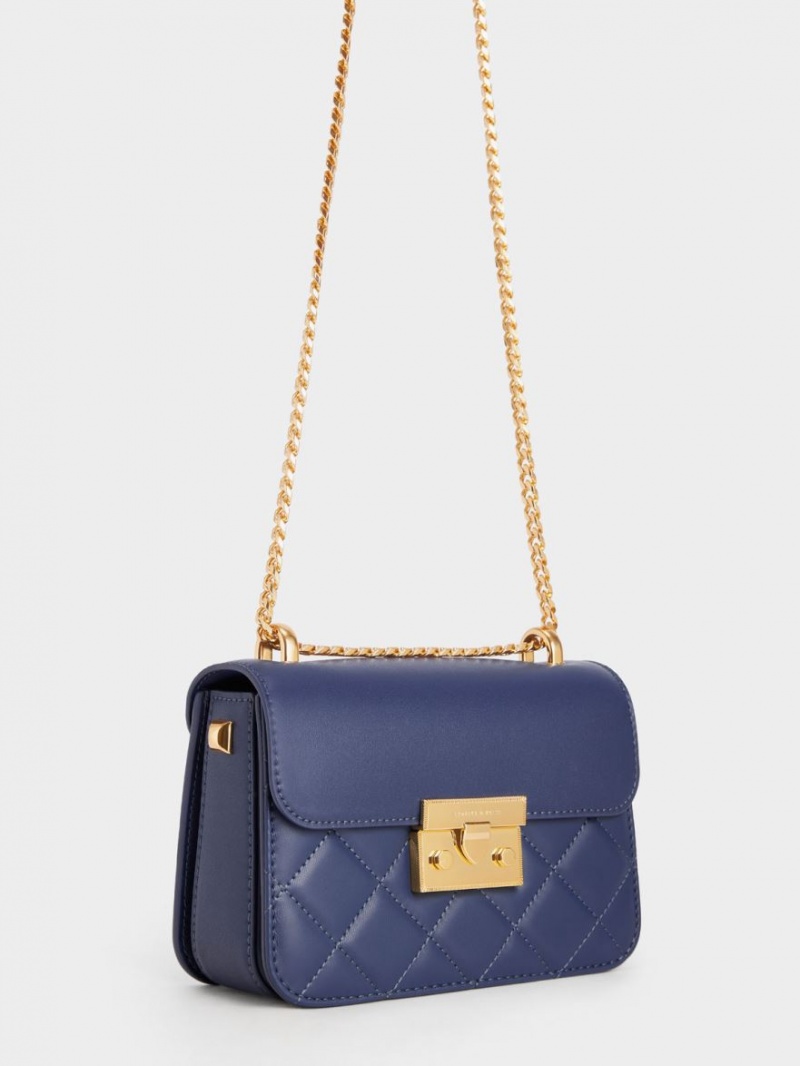 τσάντεσ ώμου Charles And Keith Metallic Push-Lock Chain σκουρο μπλε | 31927-SGTM
