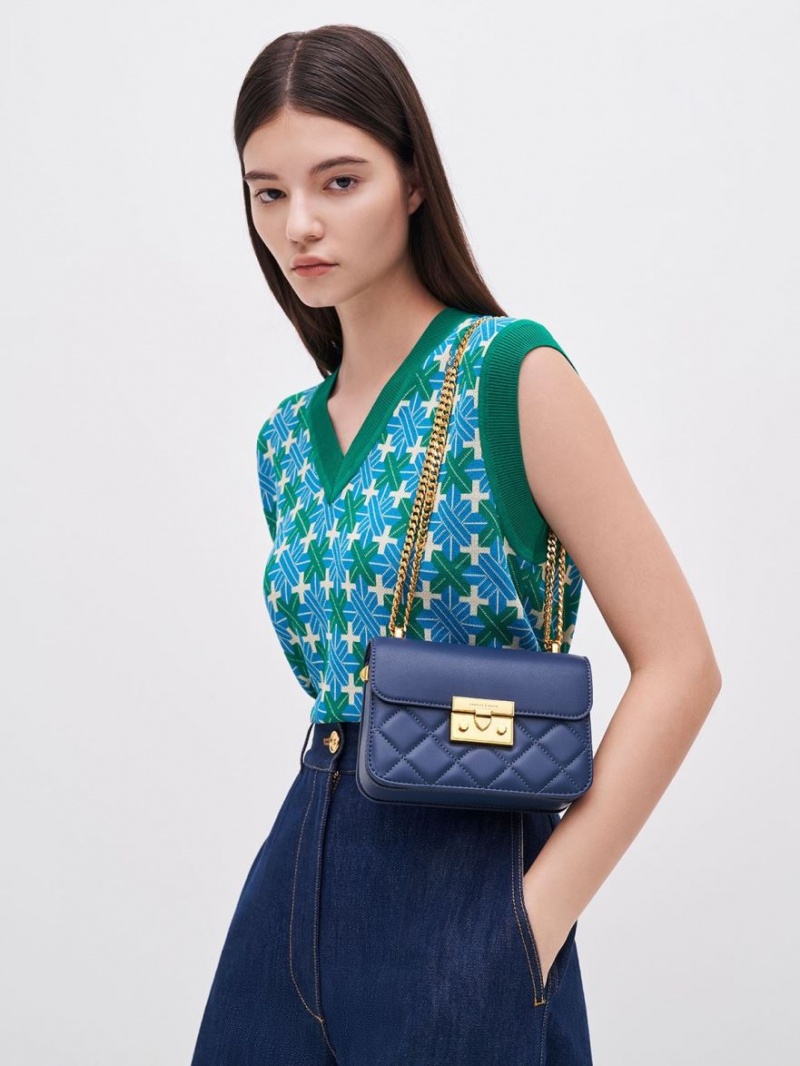 τσάντεσ ώμου Charles And Keith Metallic Push-Lock Chain σκουρο μπλε | 31927-SGTM
