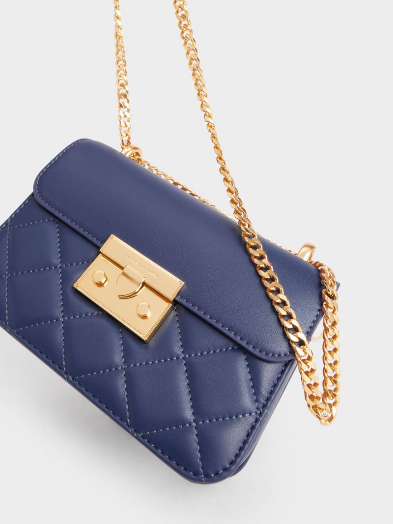 τσάντεσ ώμου Charles And Keith Metallic Push-Lock Chain σκουρο μπλε | 31927-SGTM