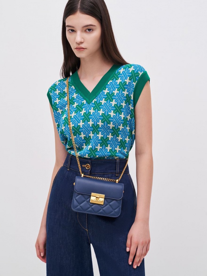 τσάντεσ ώμου Charles And Keith Metallic Push-Lock Chain σκουρο μπλε | 31927-SGTM
