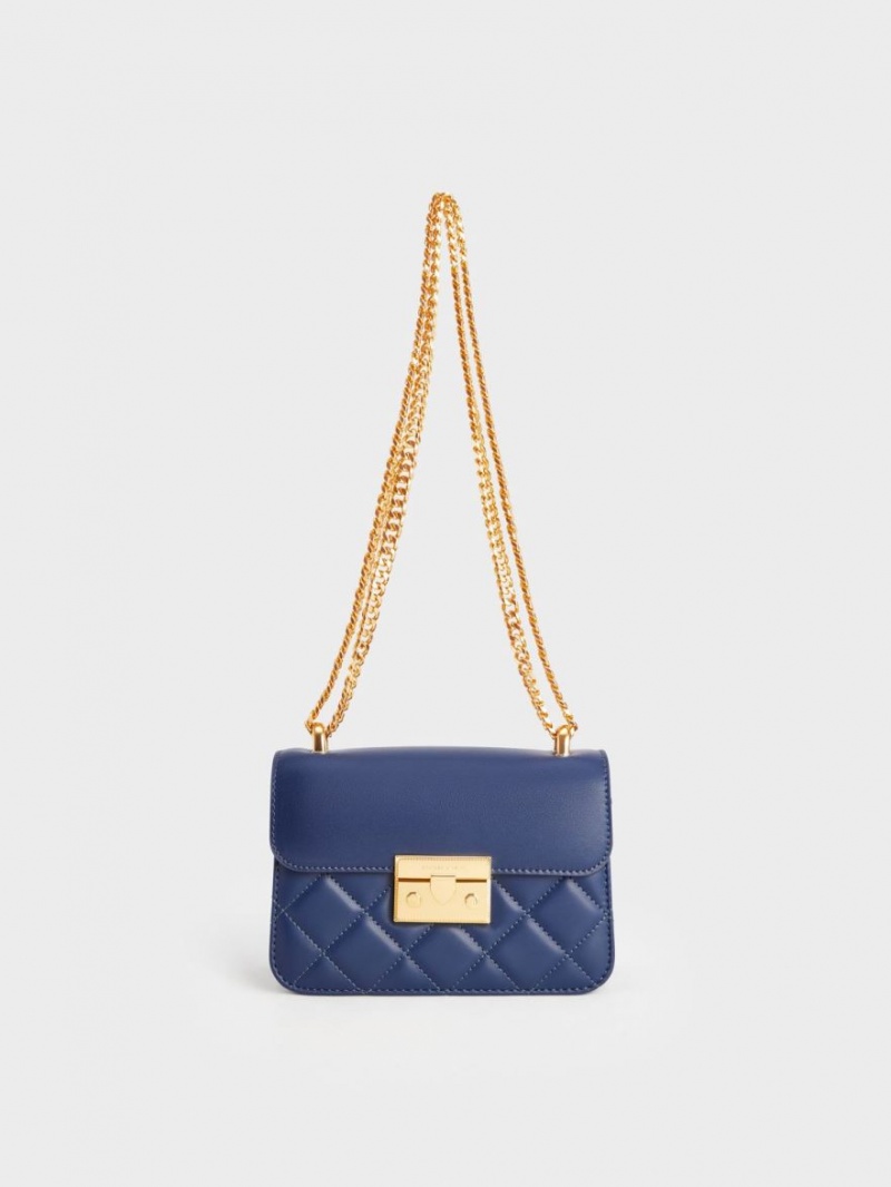 τσάντεσ ώμου Charles And Keith Metallic Push-Lock Chain σκουρο μπλε | 31927-SGTM