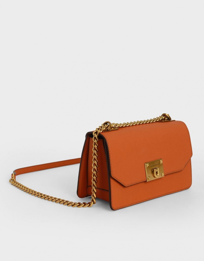 τσάντεσ χιαστί Charles And Keith Metallic Push-Lock πορτοκαλι | 90637-KFLW