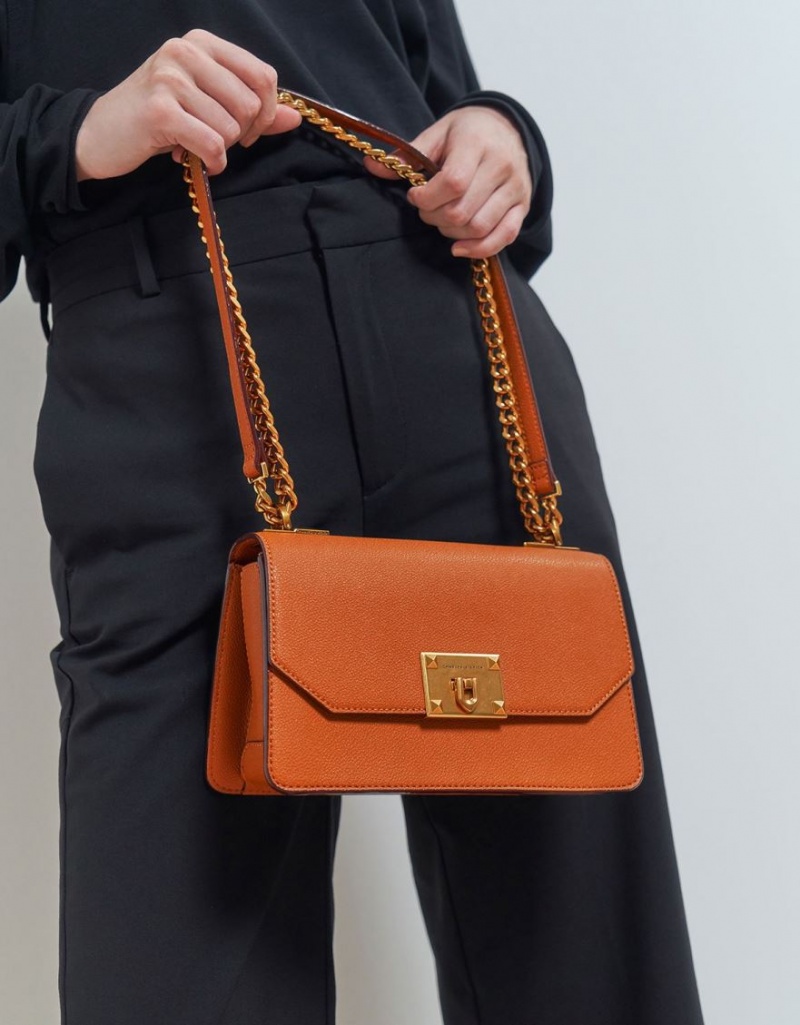 τσάντεσ χιαστί Charles And Keith Metallic Push-Lock πορτοκαλι | 90637-KFLW