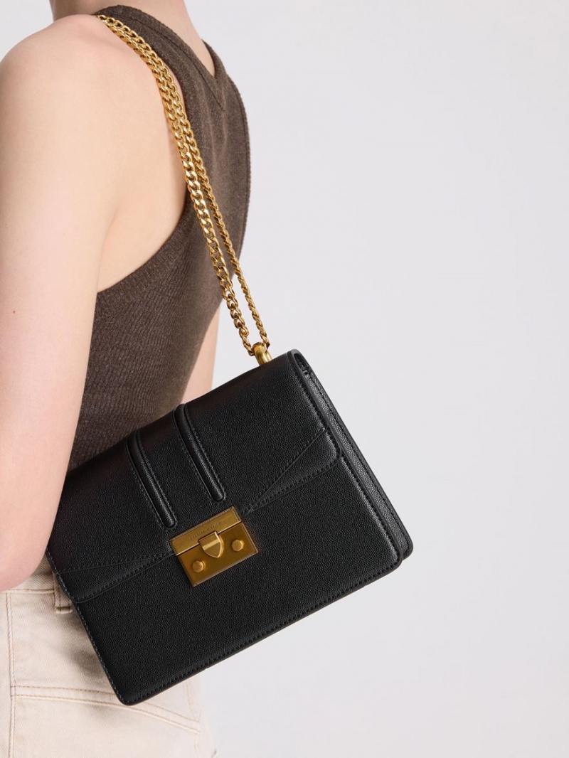 τσάντεσ ώμου Charles And Keith Metallic Push-Lock μαυρα | 64792-RKEO