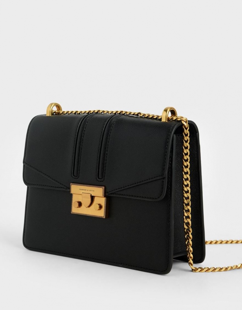 τσάντεσ ώμου Charles And Keith Metallic Push-Lock μαυρα | 64792-RKEO