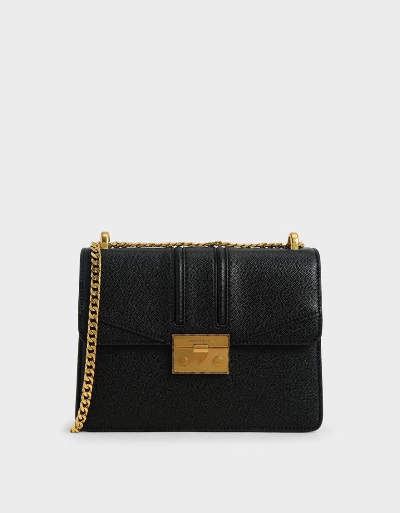 τσάντεσ ώμου Charles And Keith Metallic Push-Lock μαυρα | 64792-RKEO