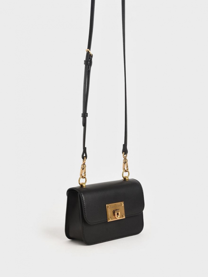 τσάντεσ ώμου Charles And Keith Metallic Turn-Lock μαυρα | 74261-ZJXM