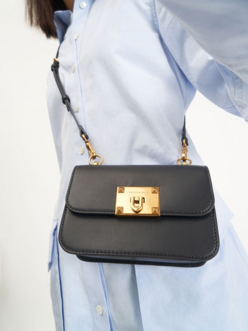 τσάντεσ ώμου Charles And Keith Metallic Turn-Lock μαυρα | 74261-ZJXM