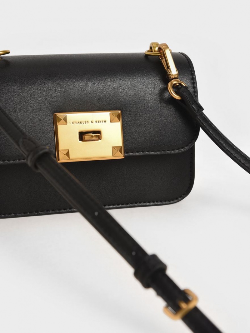 τσάντεσ ώμου Charles And Keith Metallic Turn-Lock μαυρα | 74261-ZJXM