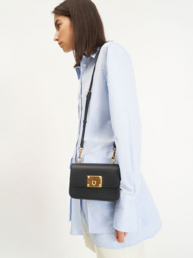 τσάντεσ ώμου Charles And Keith Metallic Turn-Lock μαυρα | 74261-ZJXM