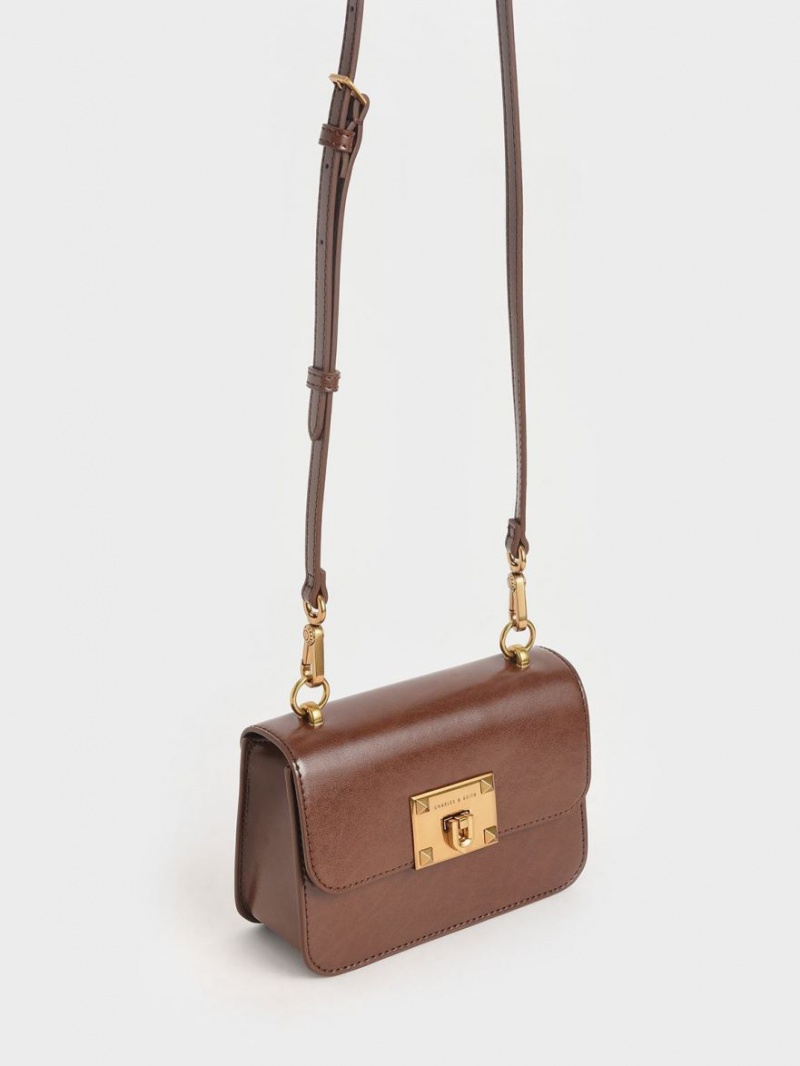 τσάντεσ ώμου Charles And Keith Metallic Turn-Lock σοκολάτα | 17423-AQCB