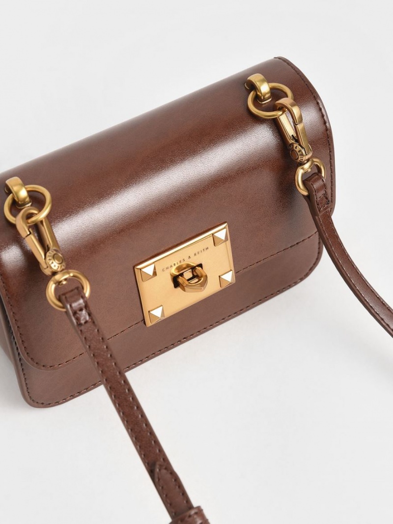 τσάντεσ ώμου Charles And Keith Metallic Turn-Lock σοκολάτα | 17423-AQCB
