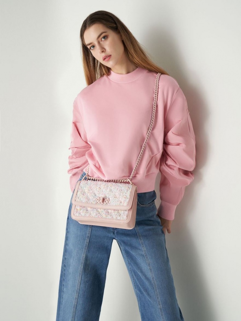τσάντεσ χιαστί Charles And Keith Micaela Tweed Καπιτονέ Chain ανοιχτο ροζ | 05148-MLTF