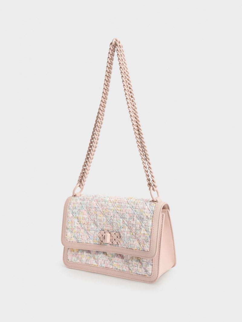 τσάντεσ χιαστί Charles And Keith Micaela Tweed Καπιτονέ Chain ανοιχτο ροζ | 05148-MLTF
