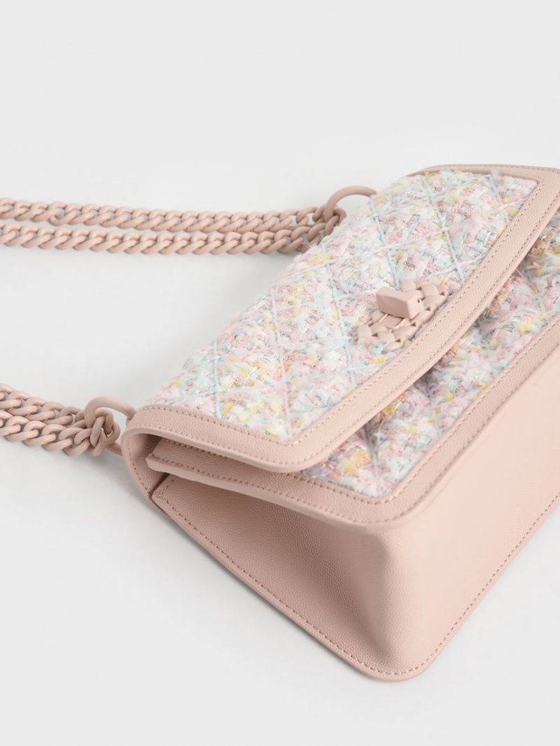 τσάντεσ χιαστί Charles And Keith Micaela Tweed Καπιτονέ Chain ανοιχτο ροζ | 05148-MLTF