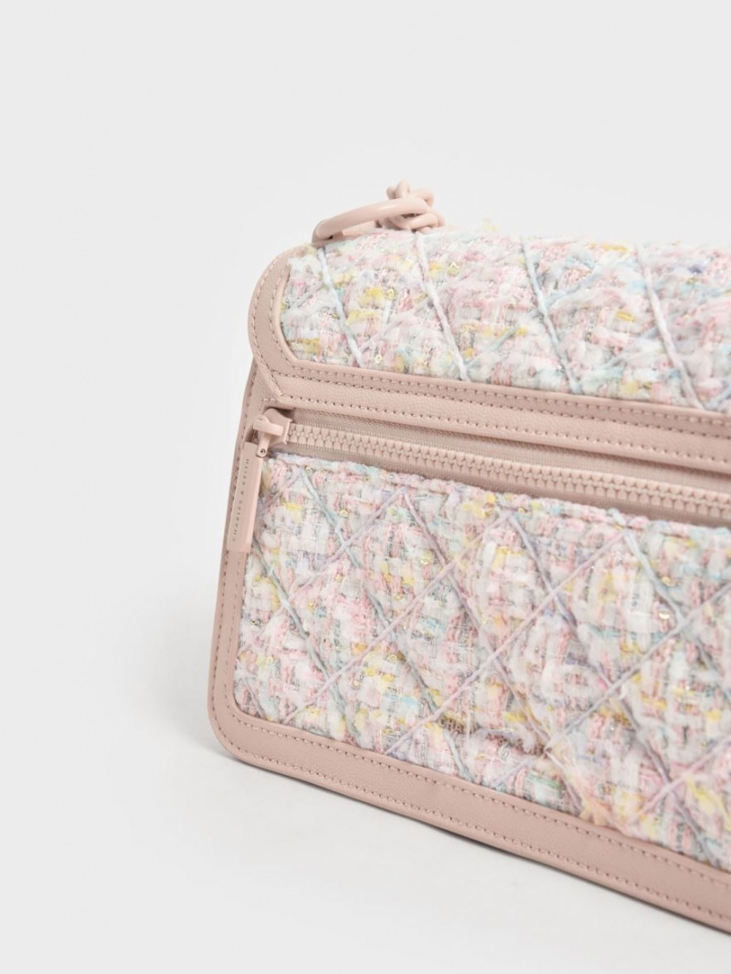 τσάντεσ χιαστί Charles And Keith Micaela Tweed Καπιτονέ Chain ανοιχτο ροζ | 05148-MLTF