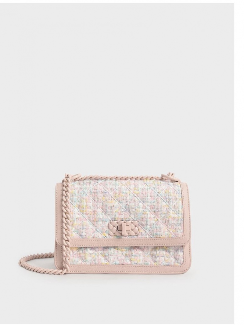 τσάντεσ χιαστί Charles And Keith Micaela Tweed Καπιτονέ Chain ανοιχτο ροζ | 05148-MLTF