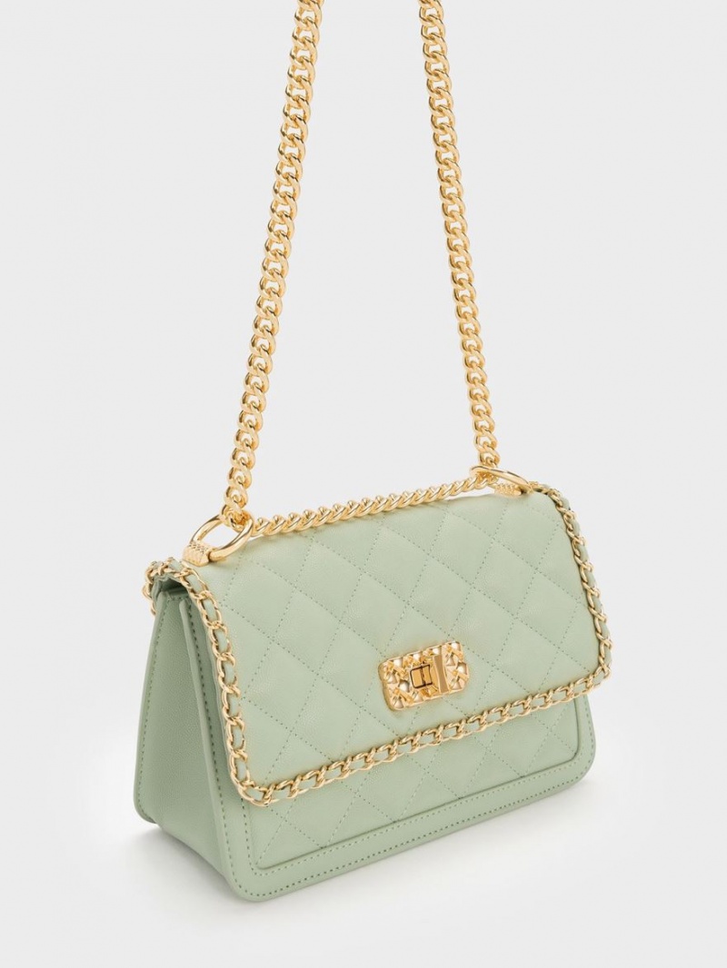 τσάντεσ ώμου Charles And Keith Micaela Καπιτονέ Braided Chain πρασινο | 84903-YLIV