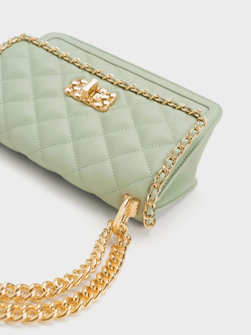 τσάντεσ ώμου Charles And Keith Micaela Καπιτονέ Braided Chain πρασινο | 84903-YLIV