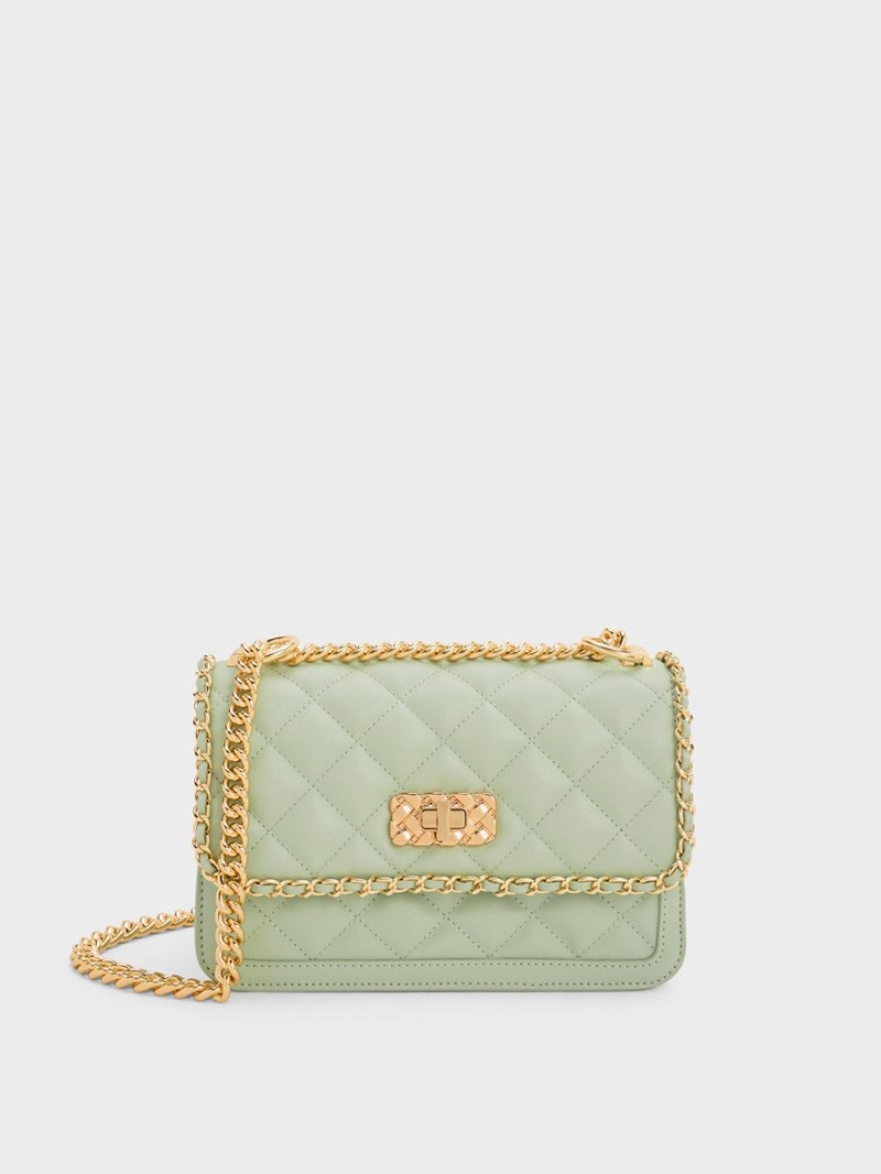 τσάντεσ ώμου Charles And Keith Micaela Καπιτονέ Braided Chain πρασινο | 84903-YLIV