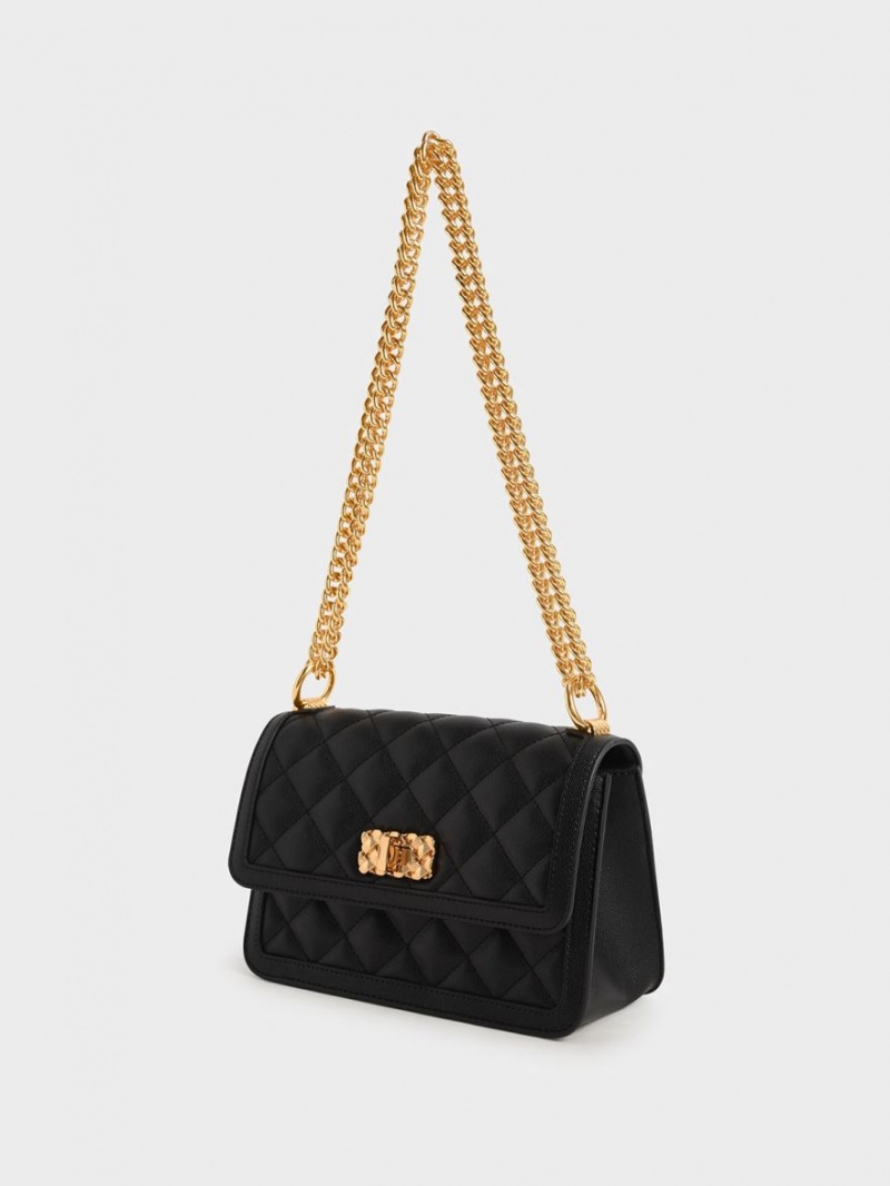 τσάντεσ ώμου Charles And Keith Micaela Καπιτονέ Chain μαυρα | 40193-JIUQ