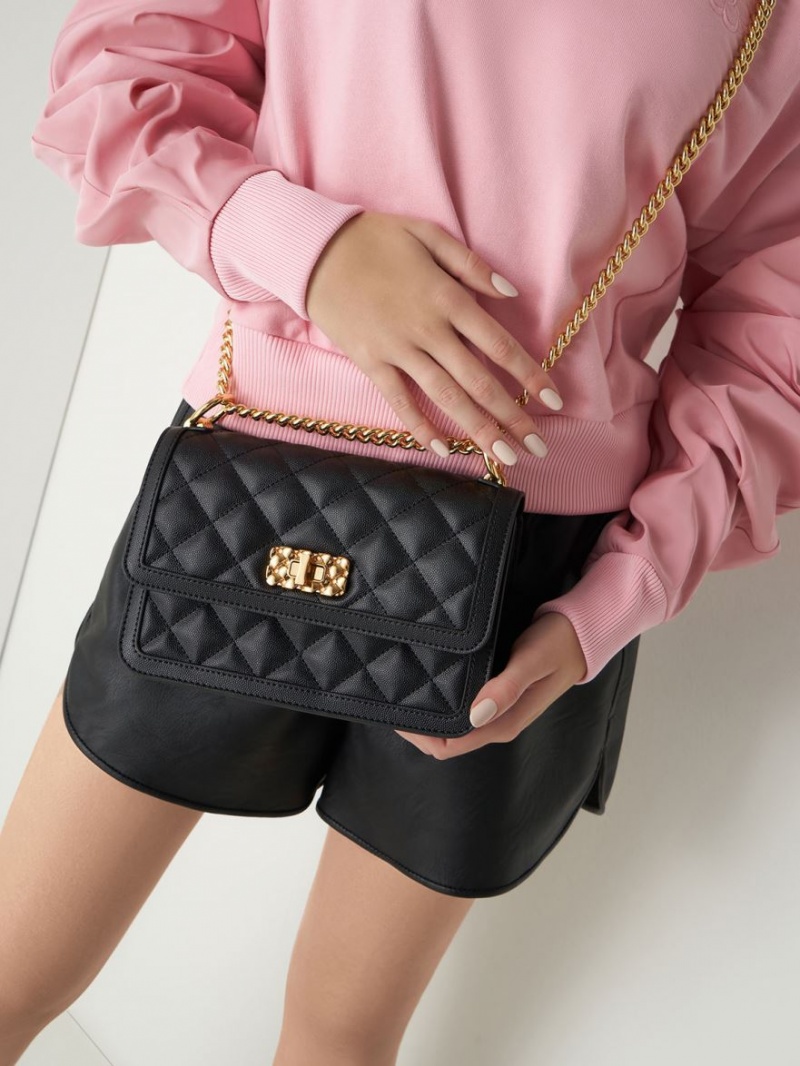 τσάντεσ ώμου Charles And Keith Micaela Καπιτονέ Chain μαυρα | 40193-JIUQ