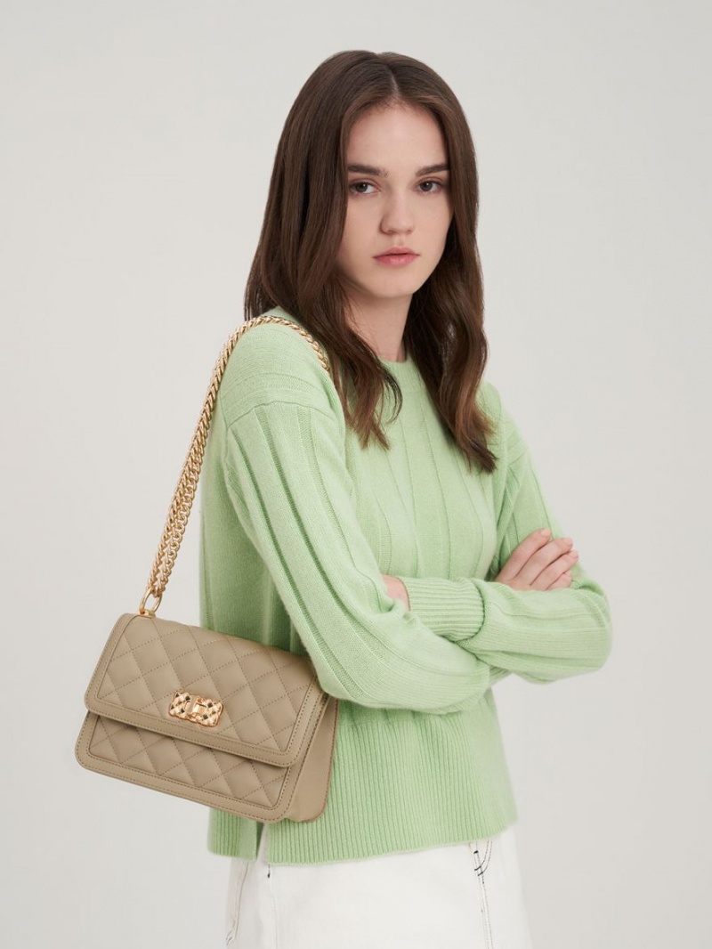 τσάντεσ ώμου Charles And Keith Micaela Καπιτονέ Chain καφε | 52194-UFCI