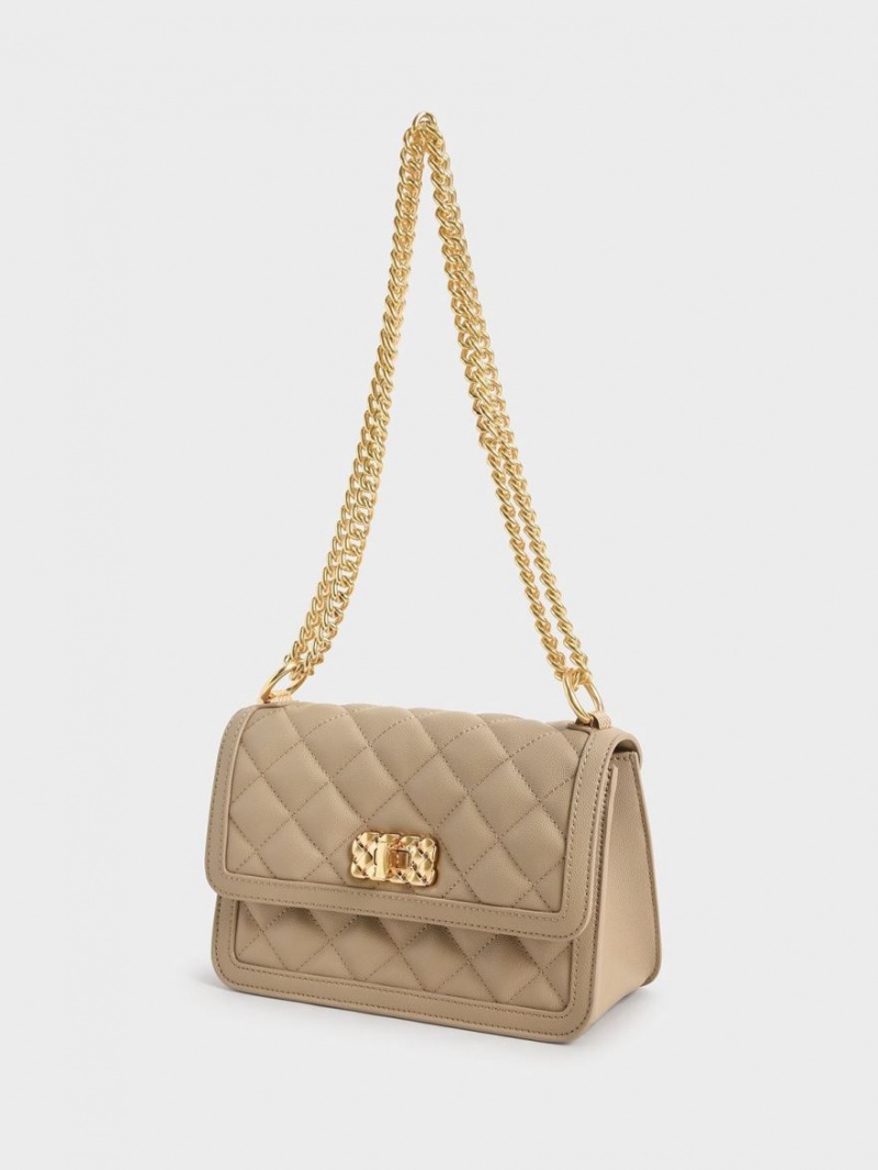 τσάντεσ ώμου Charles And Keith Micaela Καπιτονέ Chain καφε | 52194-UFCI