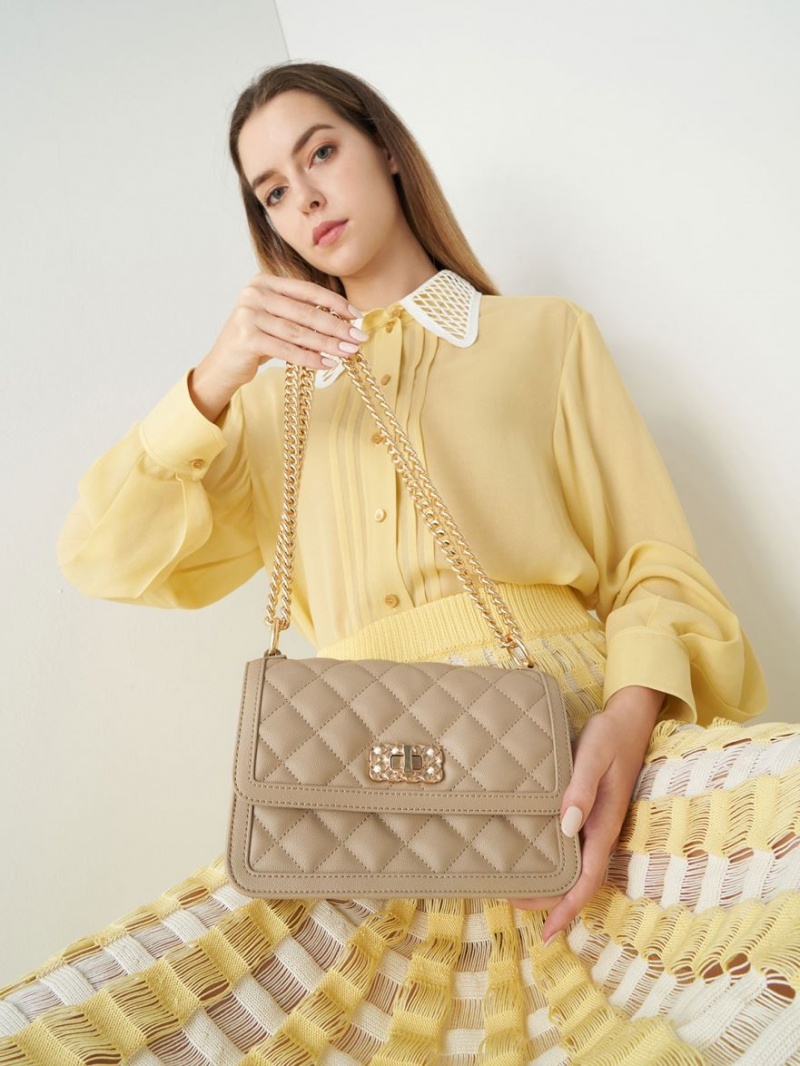τσάντεσ ώμου Charles And Keith Micaela Καπιτονέ Chain καφε | 52194-UFCI