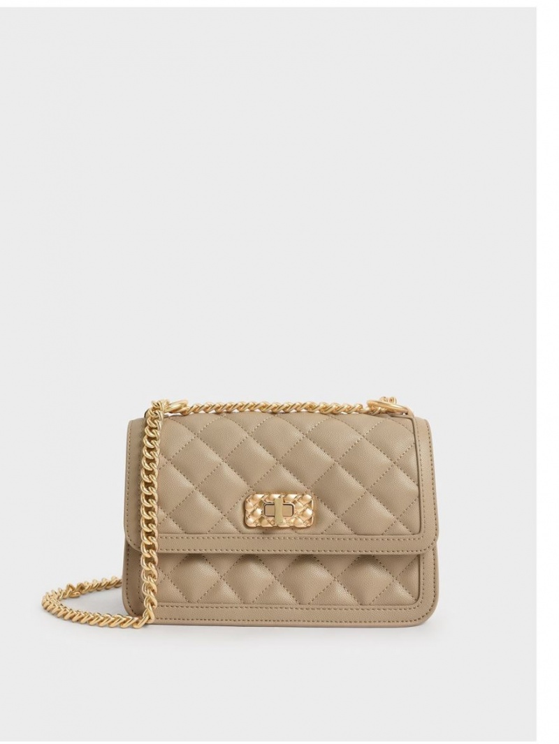 τσάντεσ ώμου Charles And Keith Micaela Καπιτονέ Chain καφε | 52194-UFCI