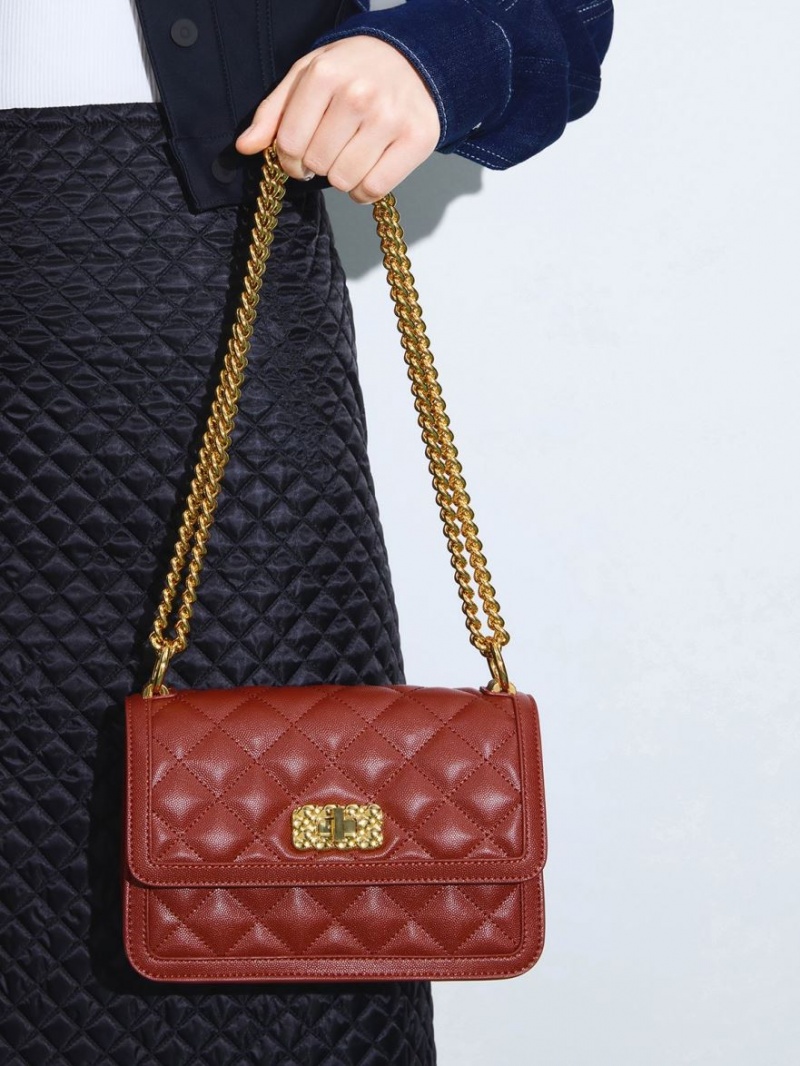 τσάντεσ ώμου Charles And Keith Micaela Καπιτονέ Chain σκούρο κοκκινα | 08731-YBTN